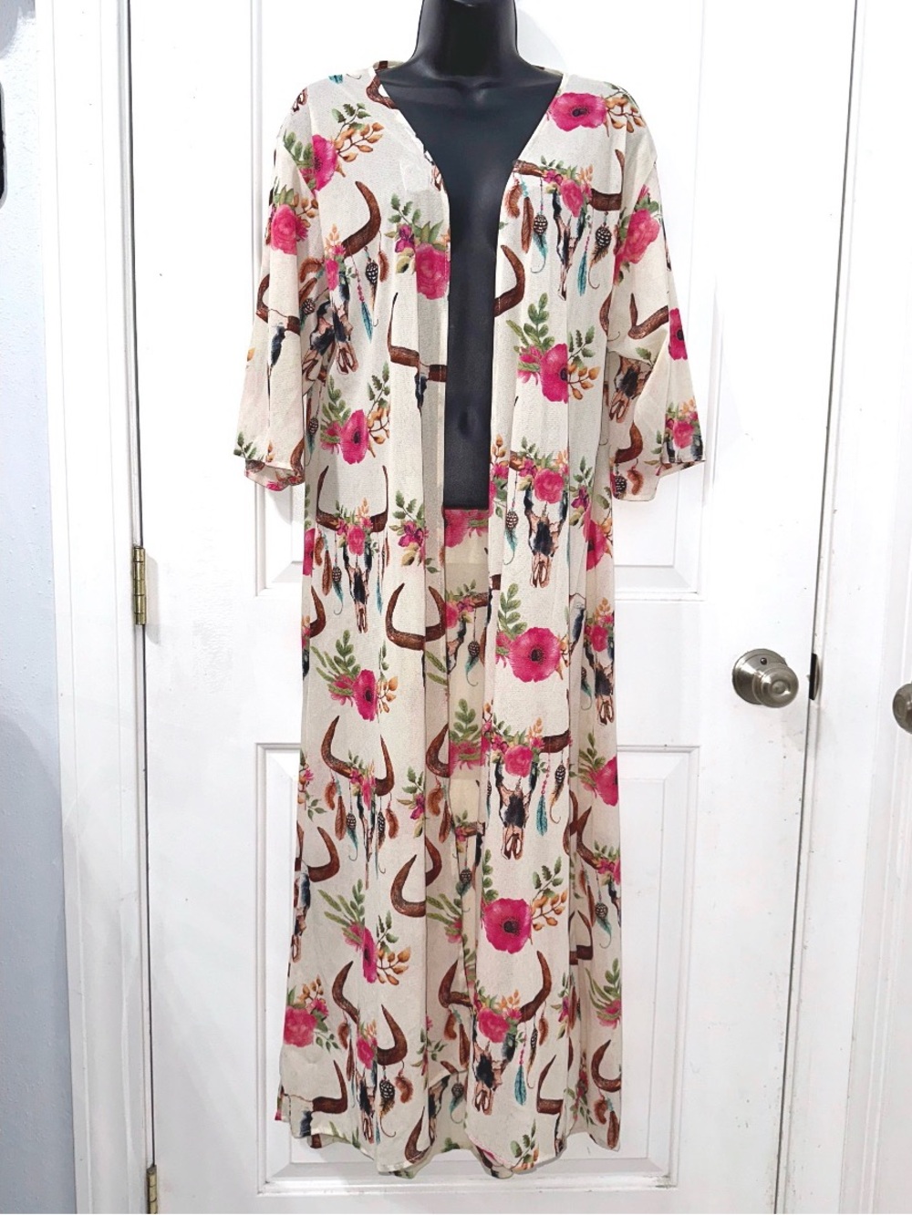 L&B Lucky and Blessed boho-style ivory kimono duster w/ floral & cow print